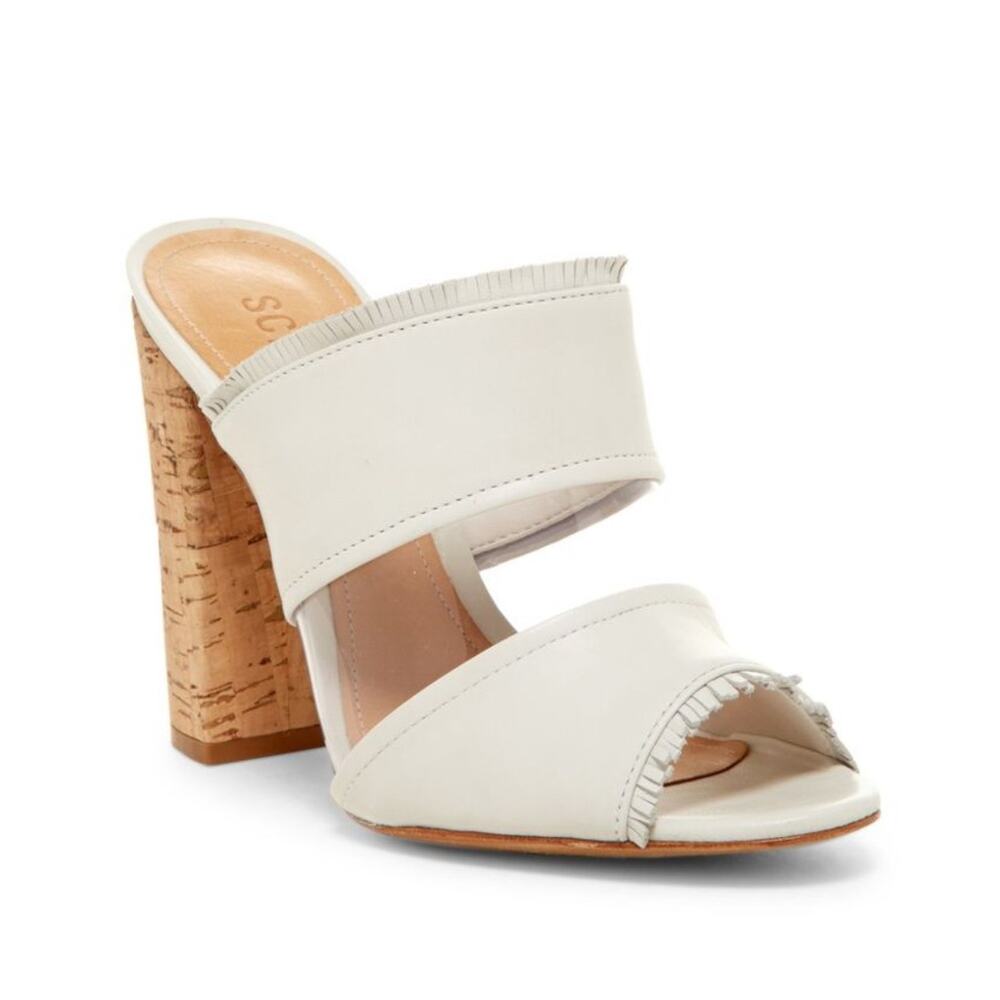 Schutz White Leather Peep Toe Mule Slip-On Cork Heels Sandals 7.5